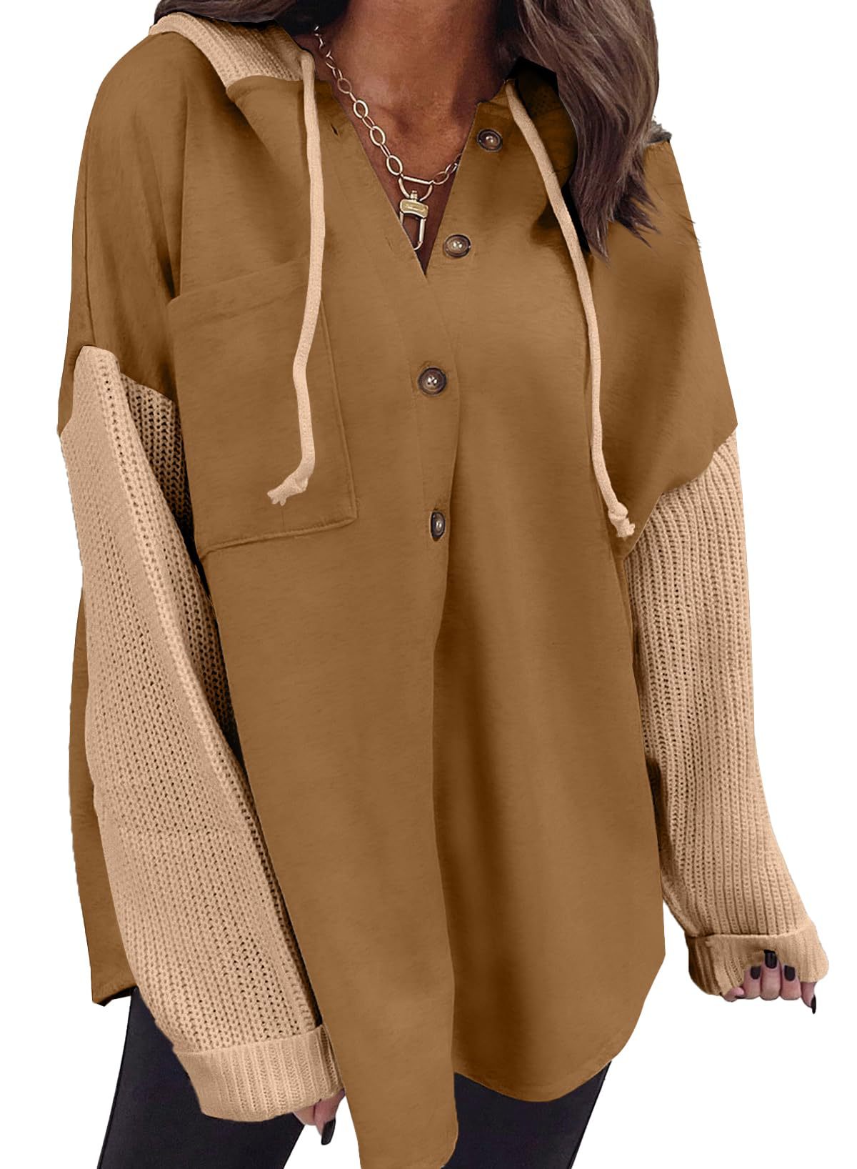 2025 Fall/Winter Colorblock Knit Sleeve Hoodie – Casual Button Down Top