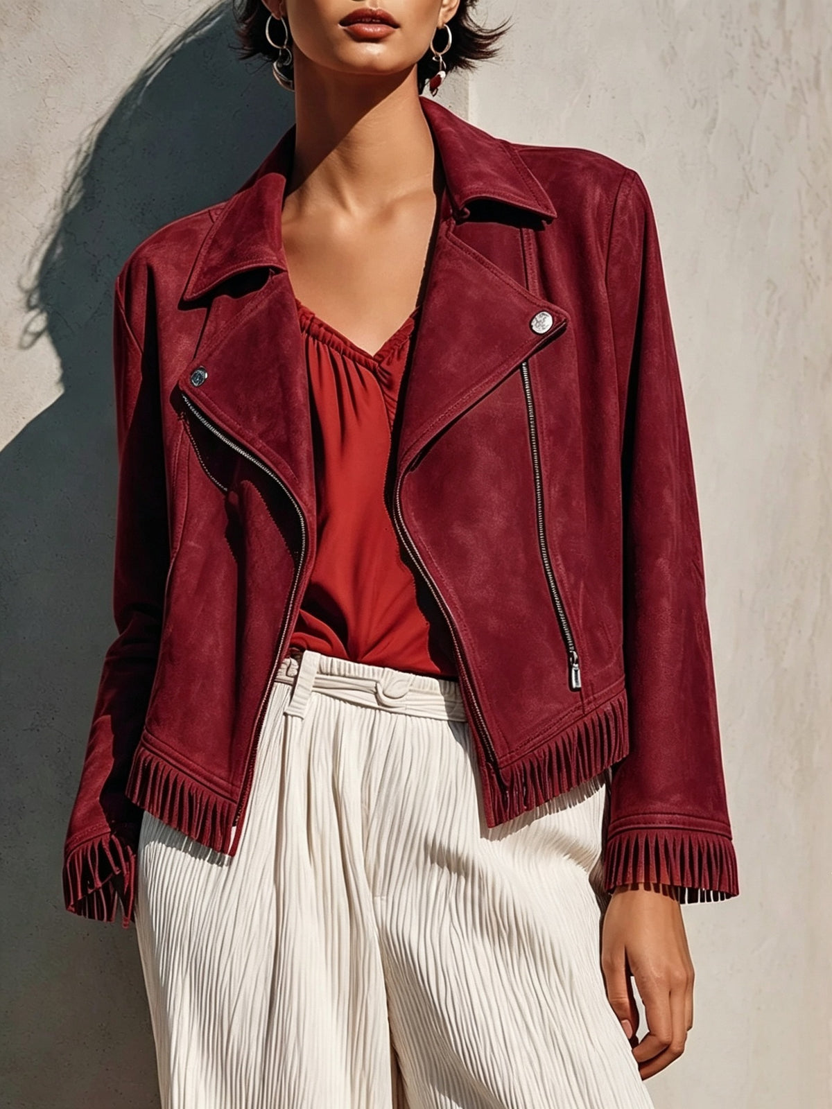 Women's Faux Suede Fringe Moto Jacket Zip Up