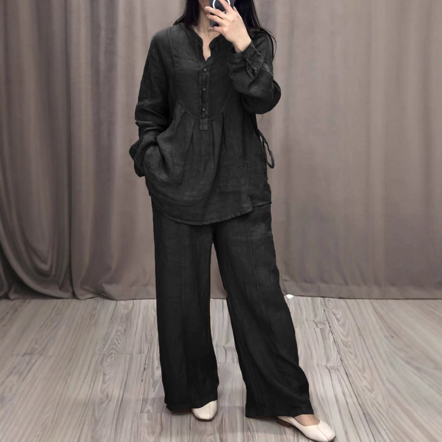 Women's Linen Matching Set Wide Leg Pants Button Up