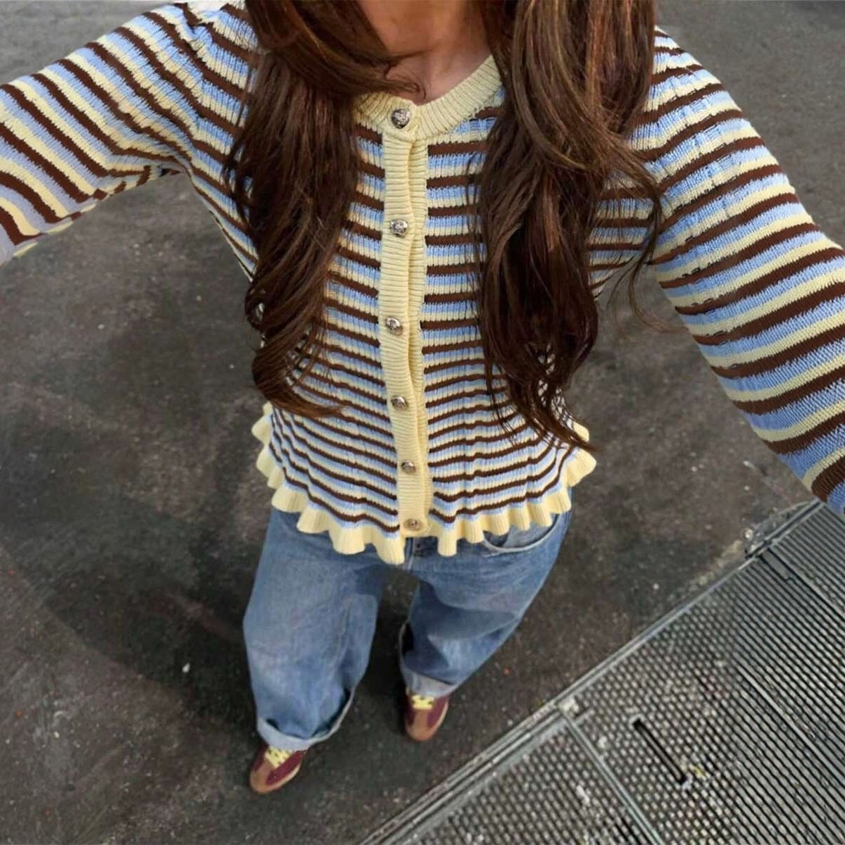 Women's Striped Cardigan Button Front Ruffle Hem Sweater