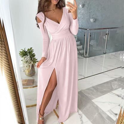 Women's V-Neck Cold Shoulder Slit Long Sleeve Maxi Dress