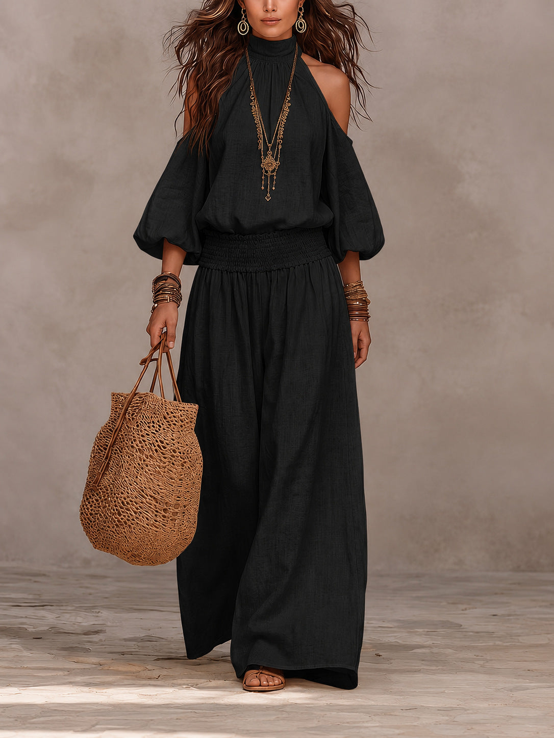 Women Cold Shoulder Smocked Top Wide Leg Pants Matching Set