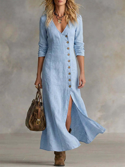 Women's Linen V-Neck Button Front Maxi Dress Slit