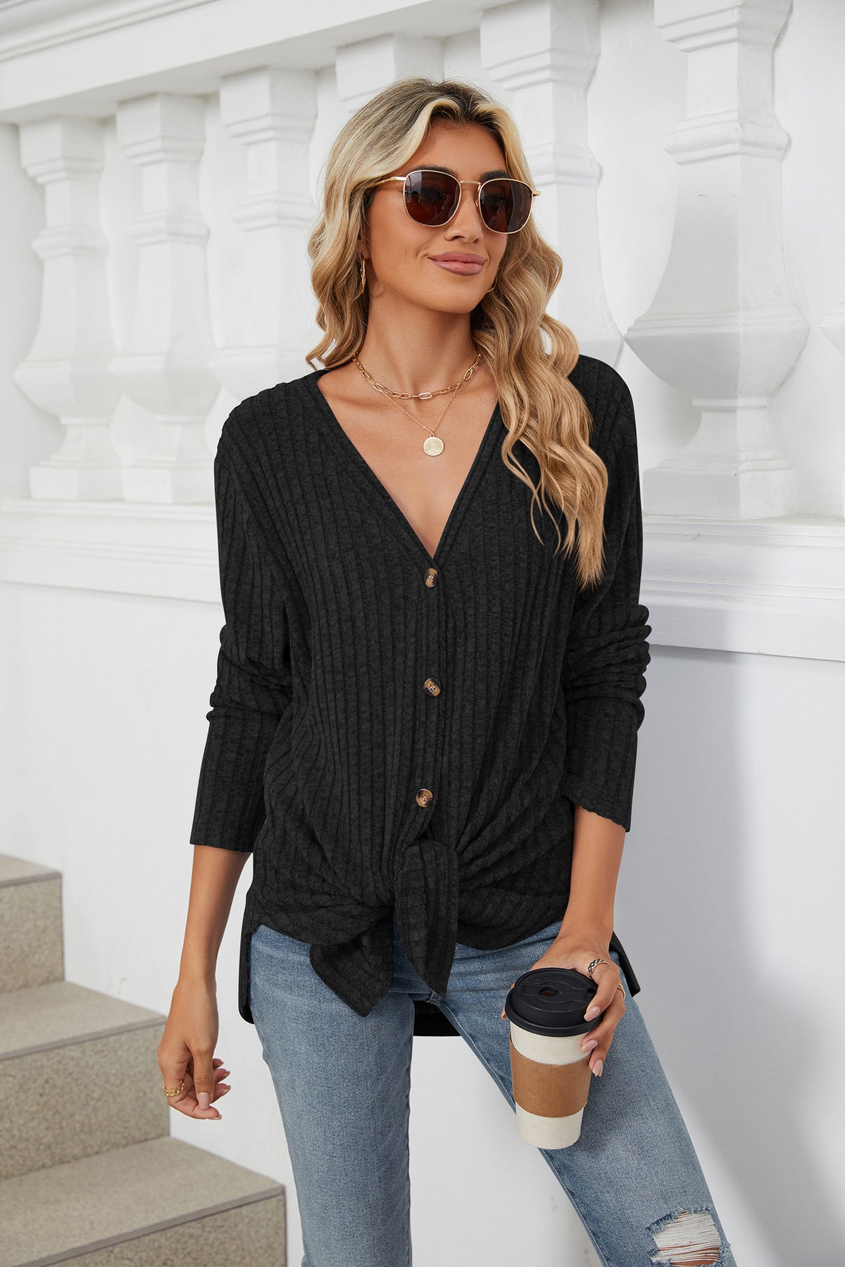 Womens V Neck Tie Front Button Up Long Sleeve Knit Cardigan