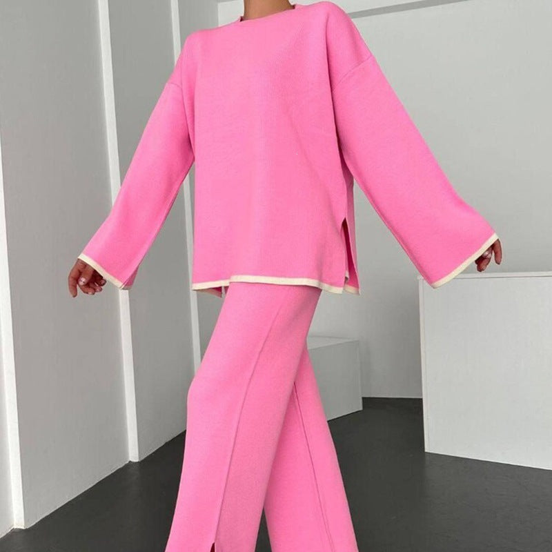 Women Color Block Lounge Set Side Slit Pants