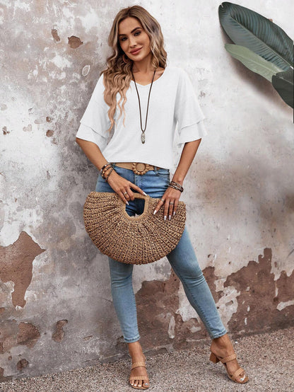 Customizable  Women's V-Neck Flutter Sleeve Top – Casual Summer T-Shirt