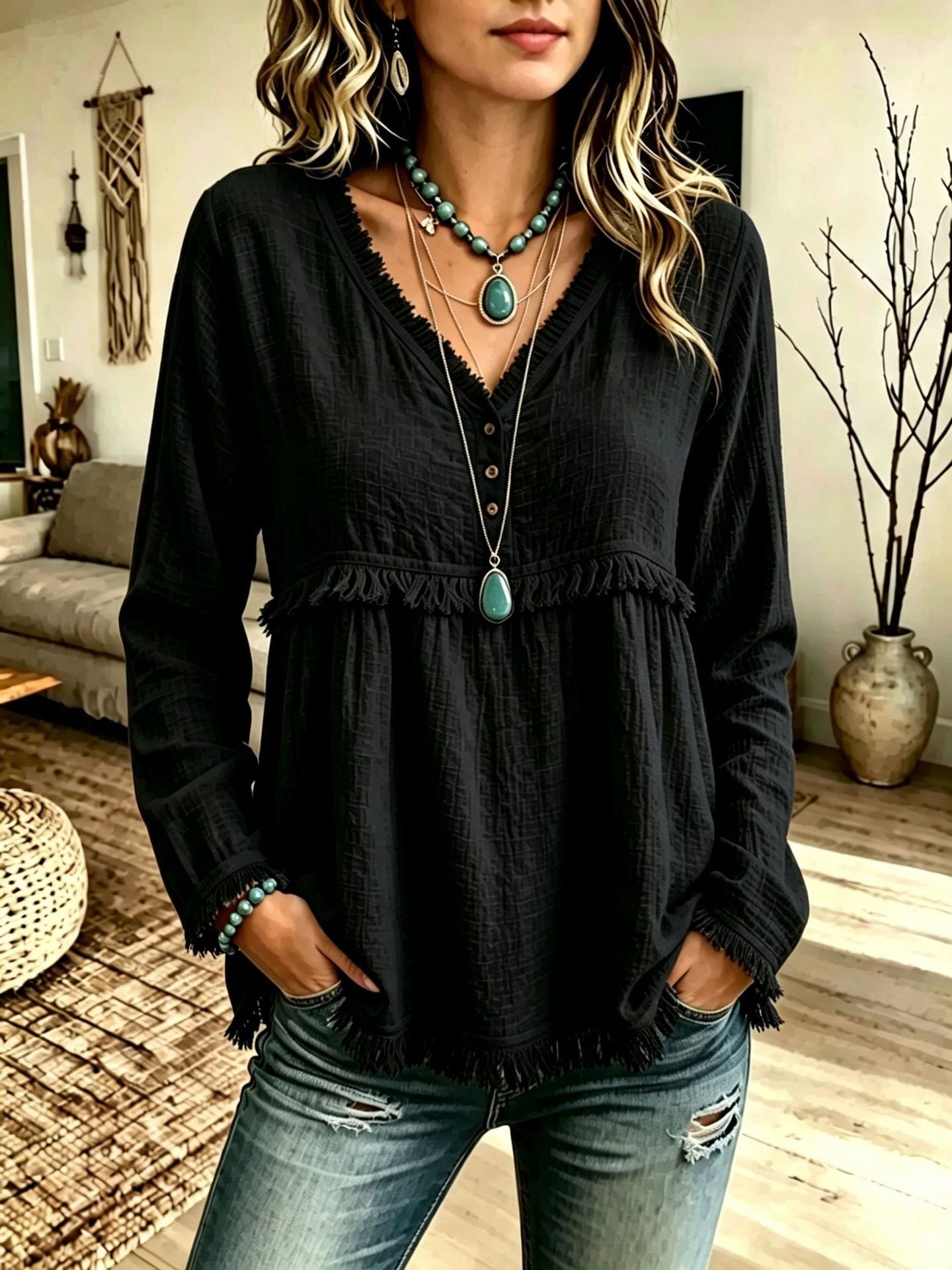 Women's V-Neck Fringe Long Sleeve Casual Blouse