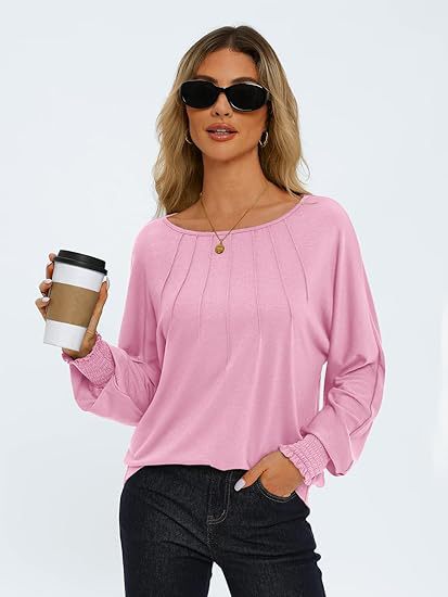 Women's Pleated Crewneck Balloon Sleeve Oversized Top