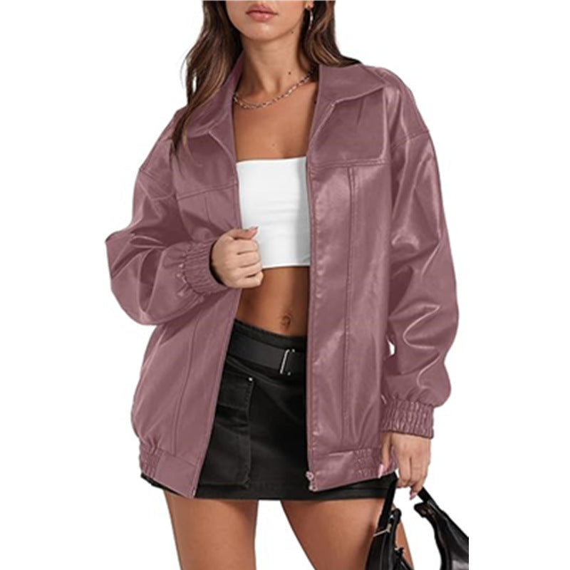 Women's Oversized Faux Leather Jacket Zip Up Collared