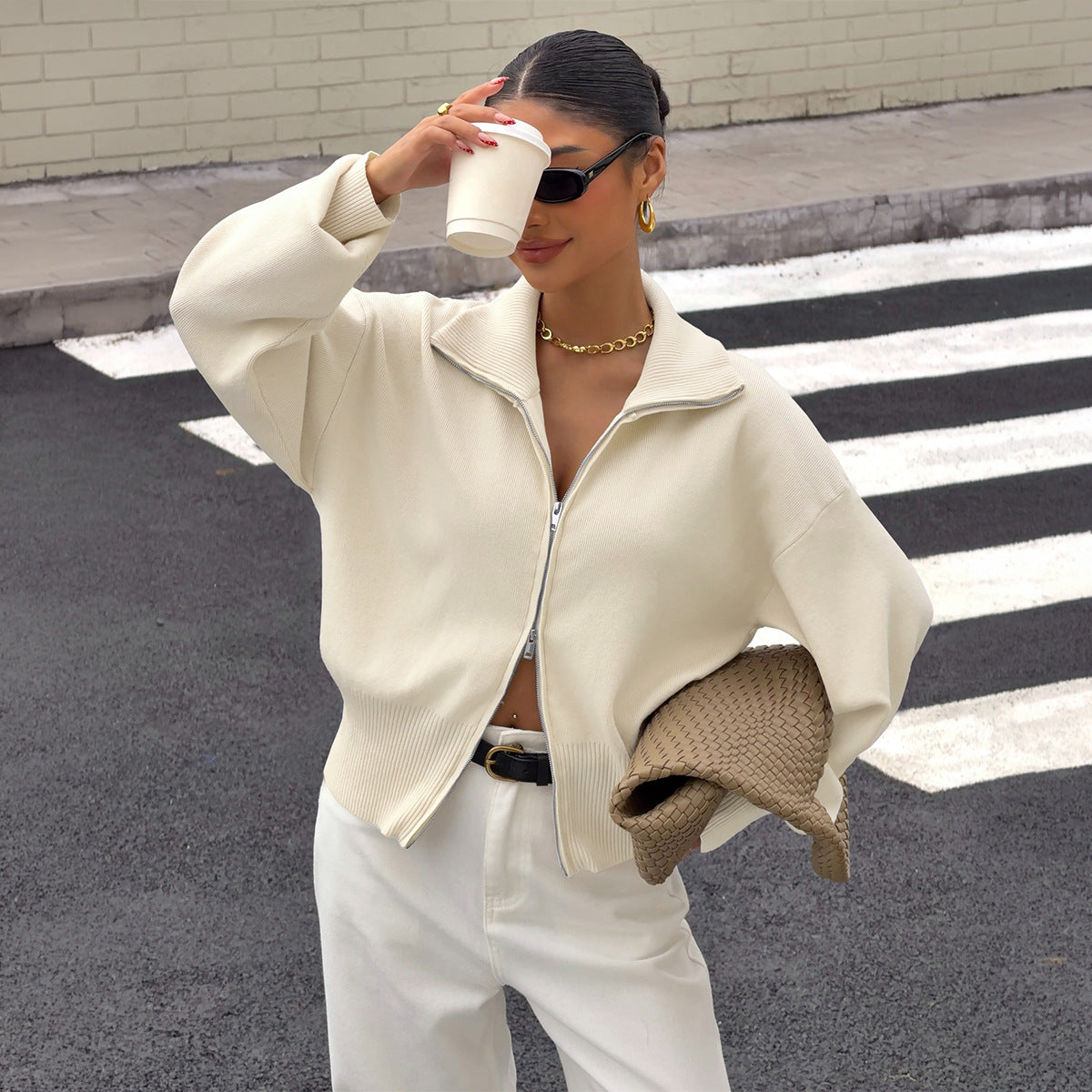 Women's Zip Up Knit Jacket Long Sleeve Casual Cardigan