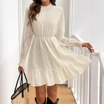 Smocked Mock Neck Bishop Sleeve Textured Mini Dress