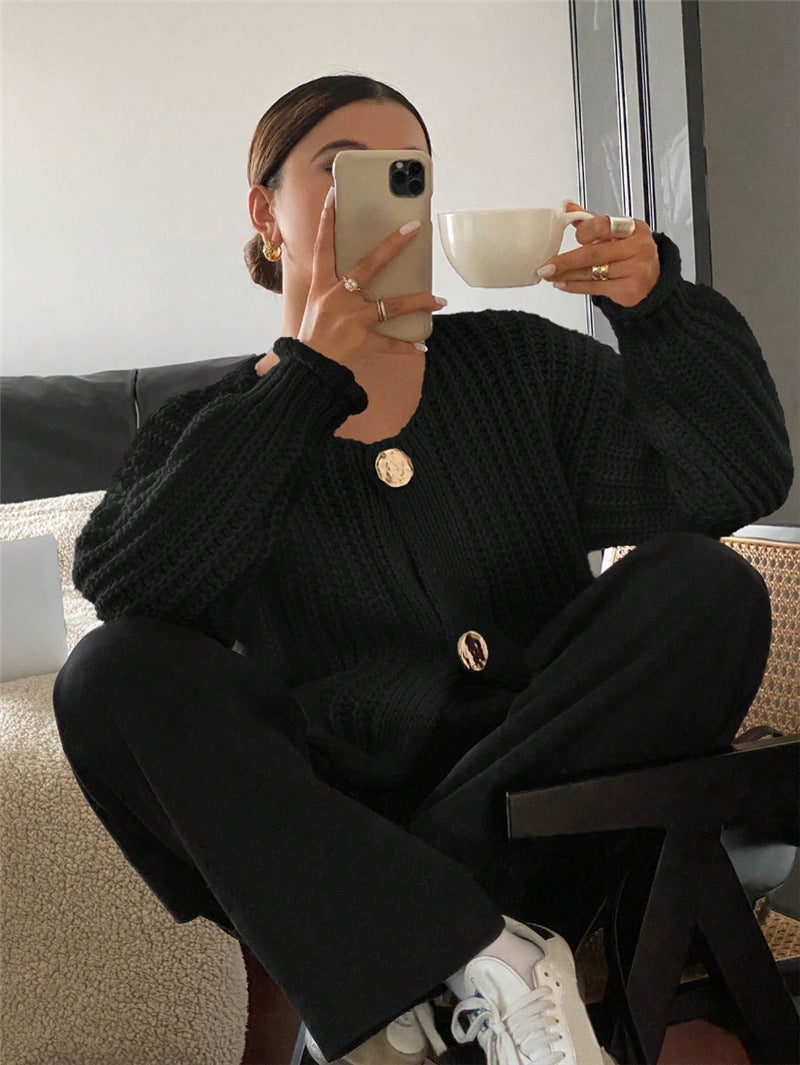 Chunky Knit Cardigan Oversized Button Front Pocket
