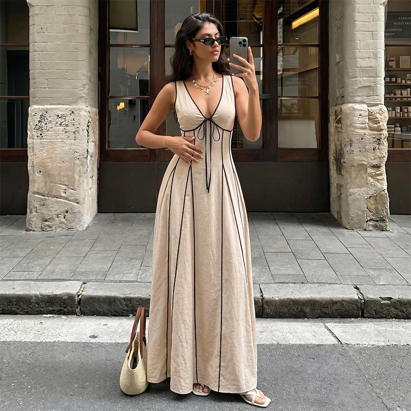 French Contrast Trim V Neck Tie Front Sleeveless Maxi Dress