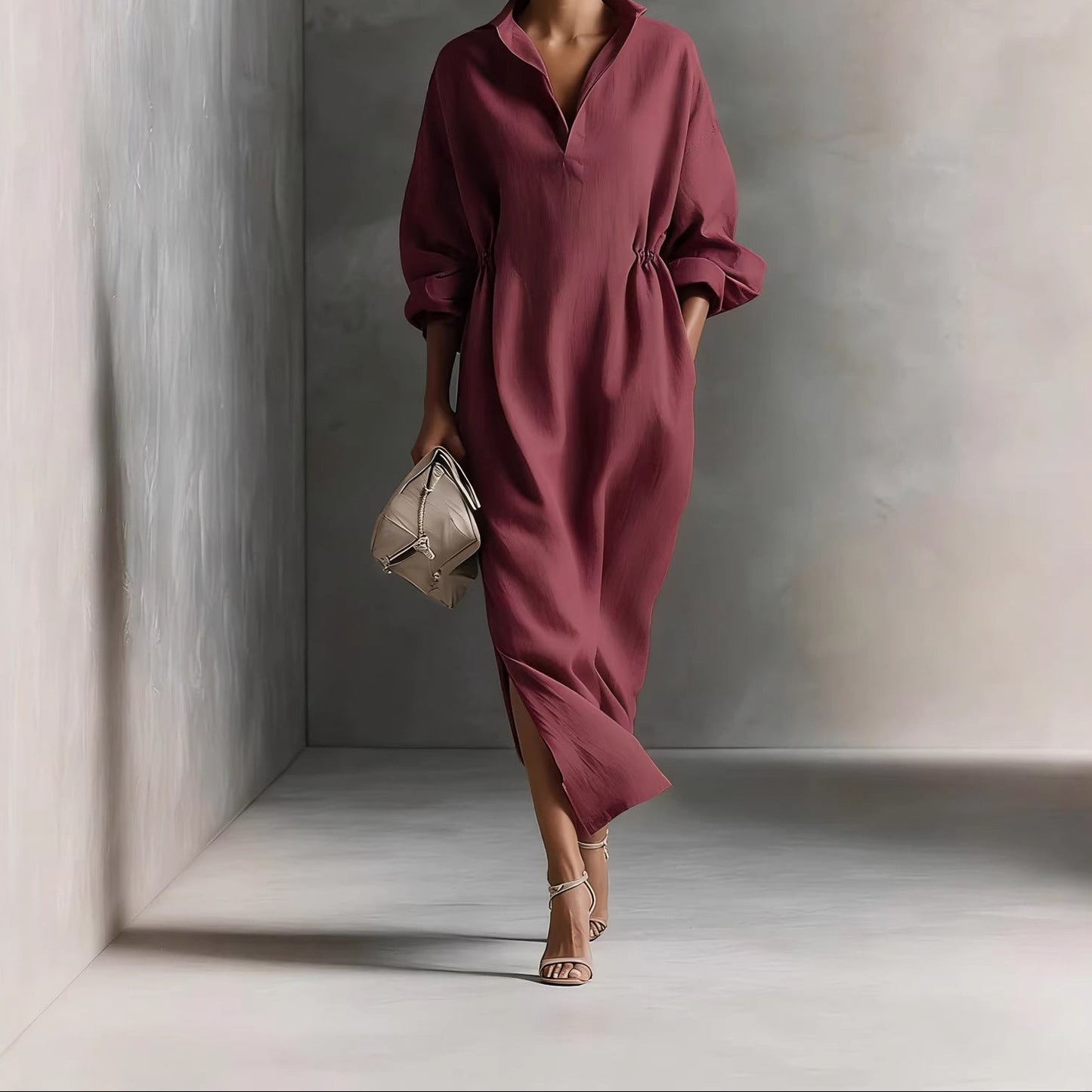 Women's Collared Long Sleeve Slit Maxi Shirt Dress