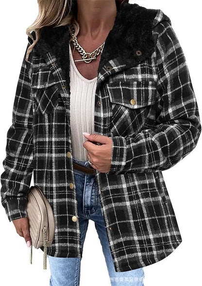 Women's Plaid Hooded Fleece Lined Wool Shacket