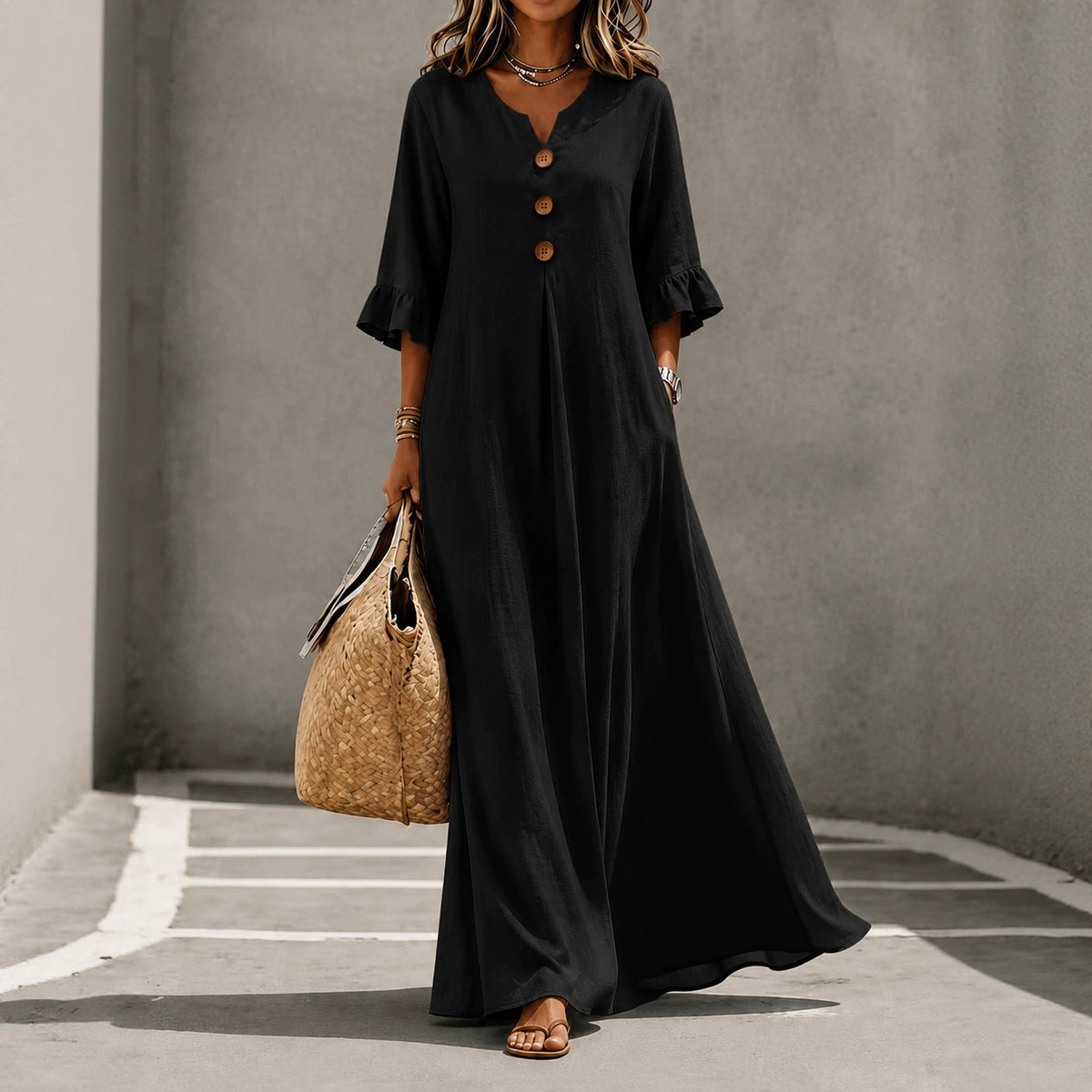 Women's V-Neck Boho Maxi Dress Ruffle Sleeve with Pockets
