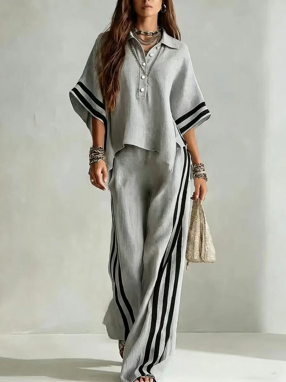 Women's Striped Oversized Shirt Wide Leg Pants 2 Piece Set