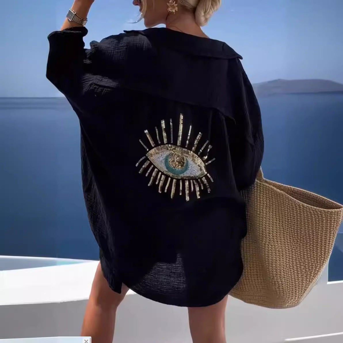 Evil Eye Long Sleeve Oversized Button Down Shirt