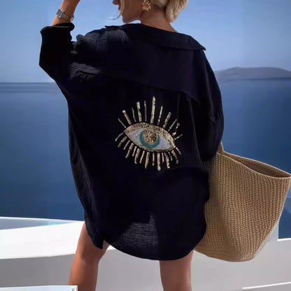 Evil Eye Long Sleeve Oversized Button Down Shirt