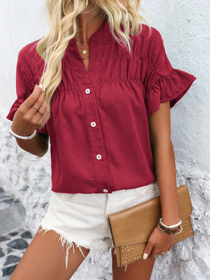 Cotton Linen Pleated Button Down Mandarin Collar Top