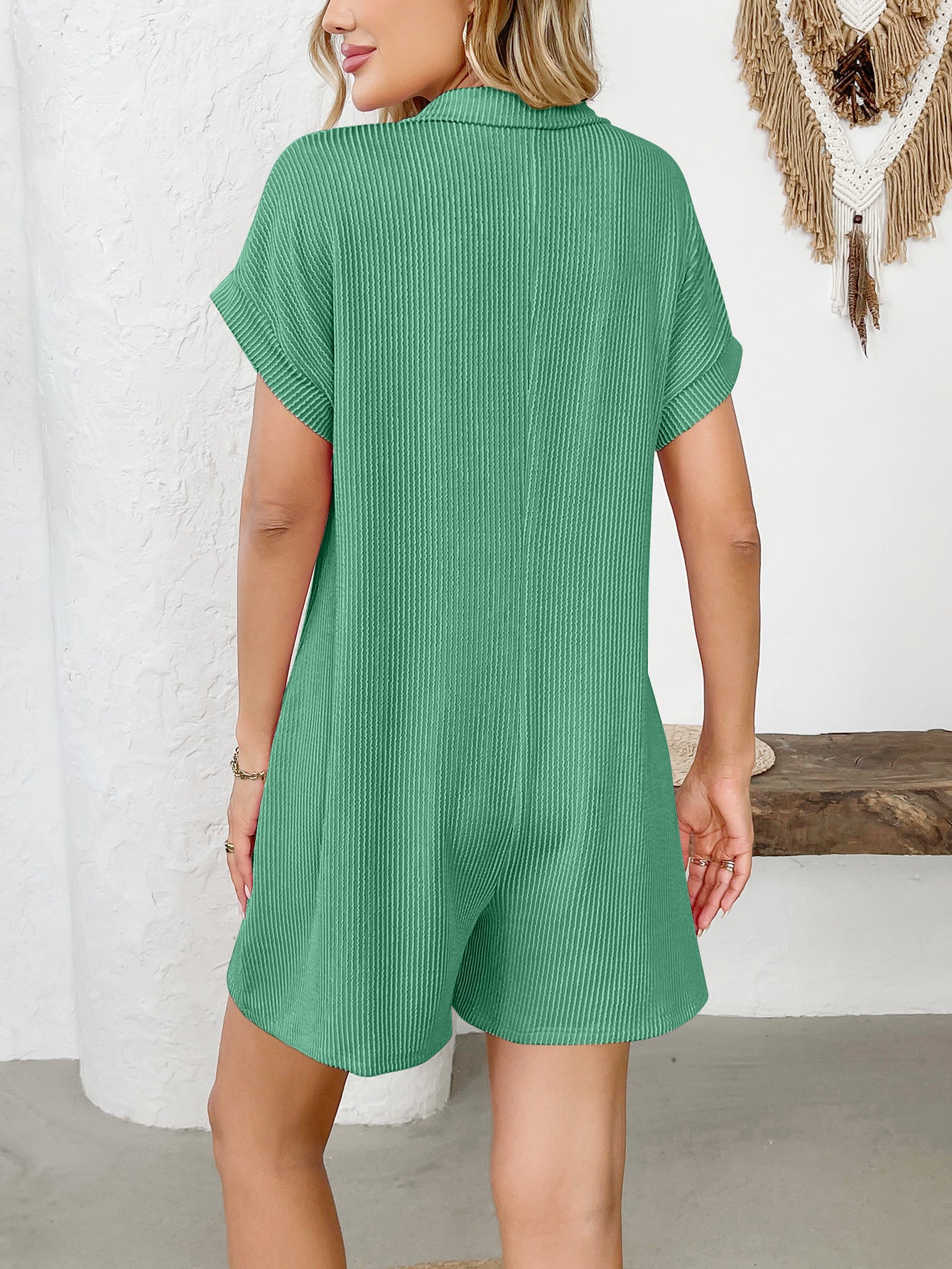 Lapel Button Loose Pocket Short Sleeve Jumpsuit