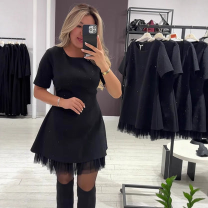 Rhinestone Lace Trim Short Sleeve A-Line Mini Dress