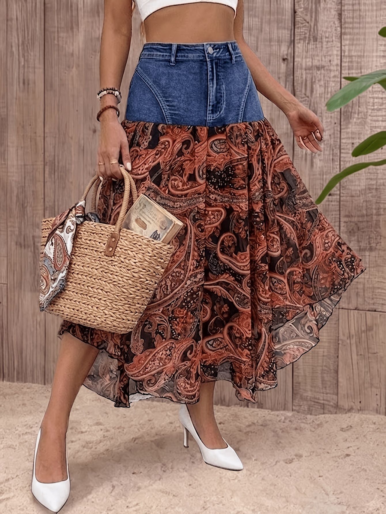 Women's Denim Patchwork Printed Boho Maxi A-Line Skirt