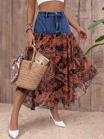 Women's Denim Patchwork Printed Boho Maxi A-Line Skirt