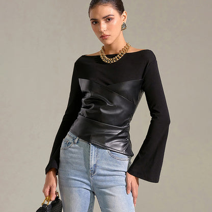 Women's Faux Leather Patchwork Bell Sleeve Fitted Top