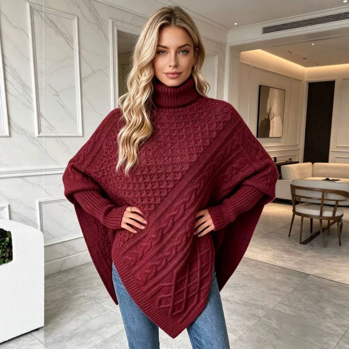 Women's Oversized Cable Knit Turtleneck Poncho Sweater