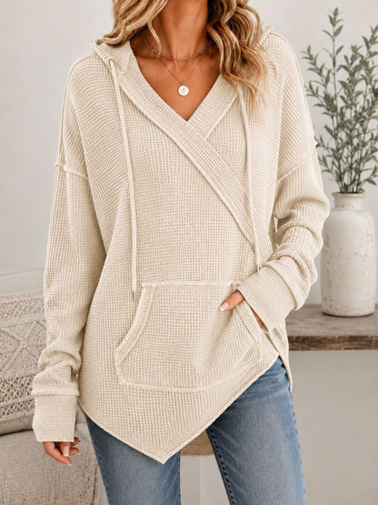 Women's Oversized Waffle Knit Hoodie V Neck Pullover