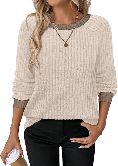 Women's Soft Ribbed Contrast Trim Long Sleeve Crew Neck Top