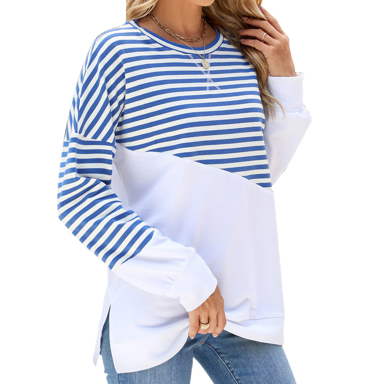Women's Colorblock Striped Crewneck Sweatshirt Oversized