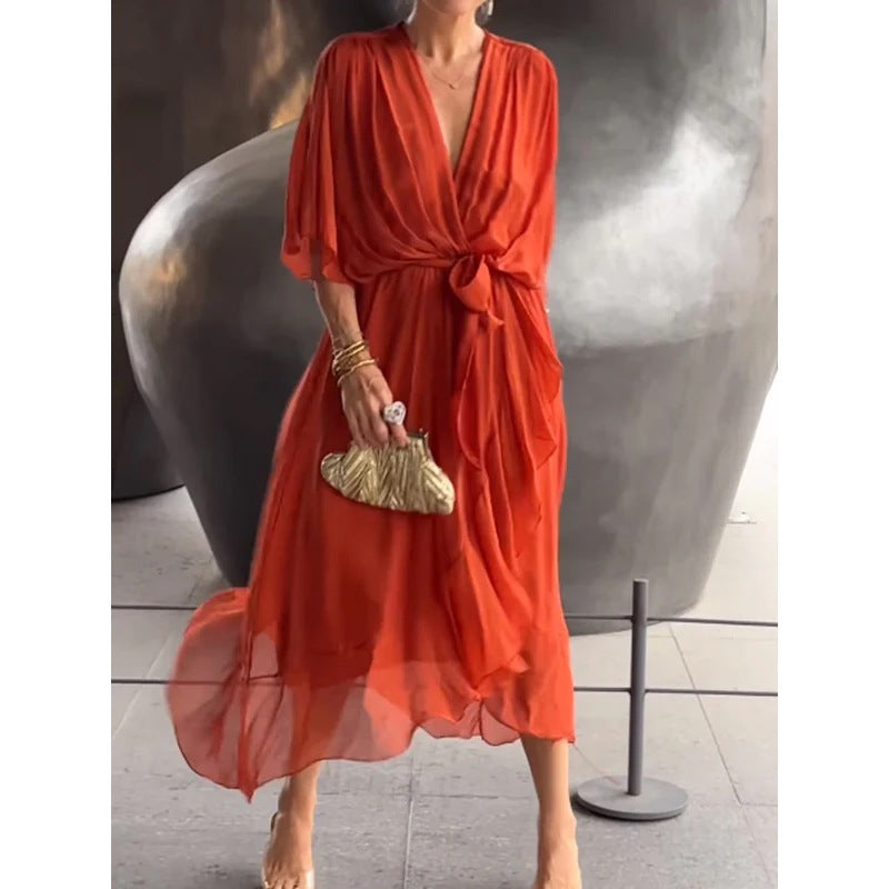 Women's V-Neck Batwing Chiffon Midi Dress Tie Waist Flowy