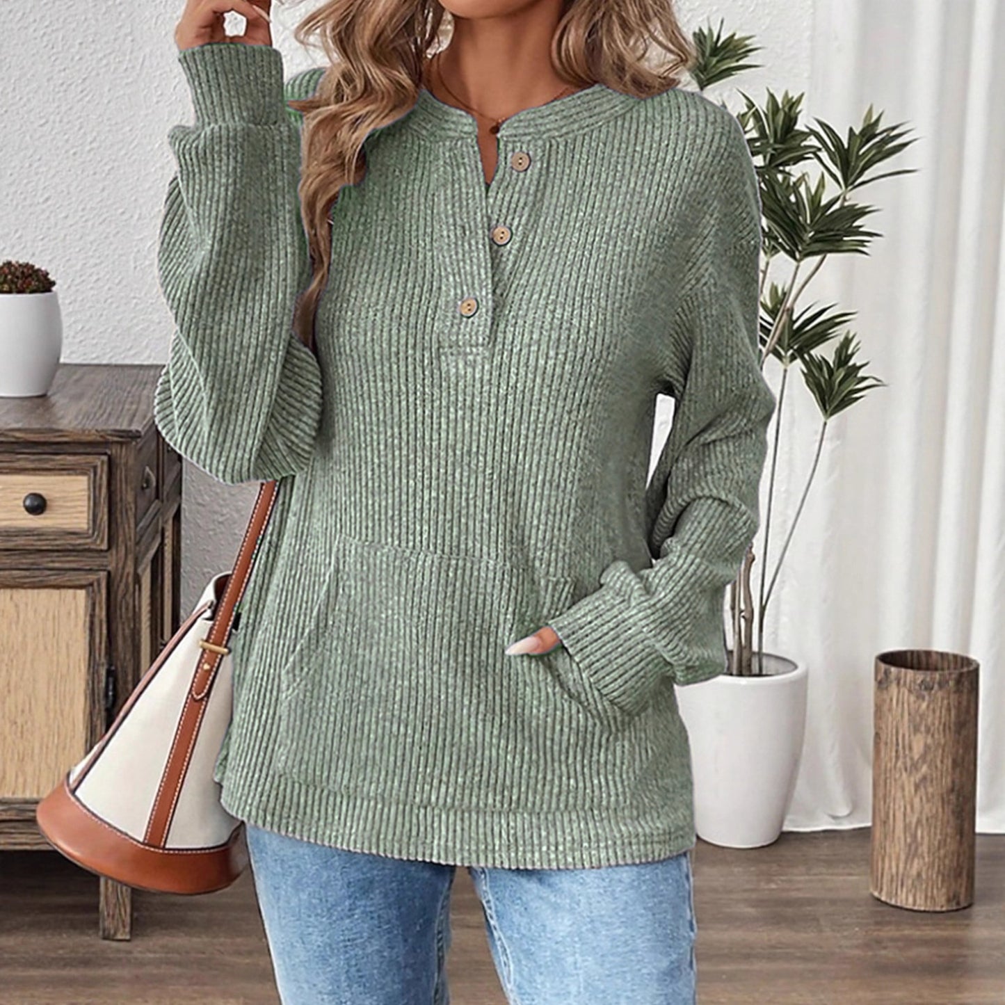 Women's Oversized Ribbed Henley Long Sleeve Top