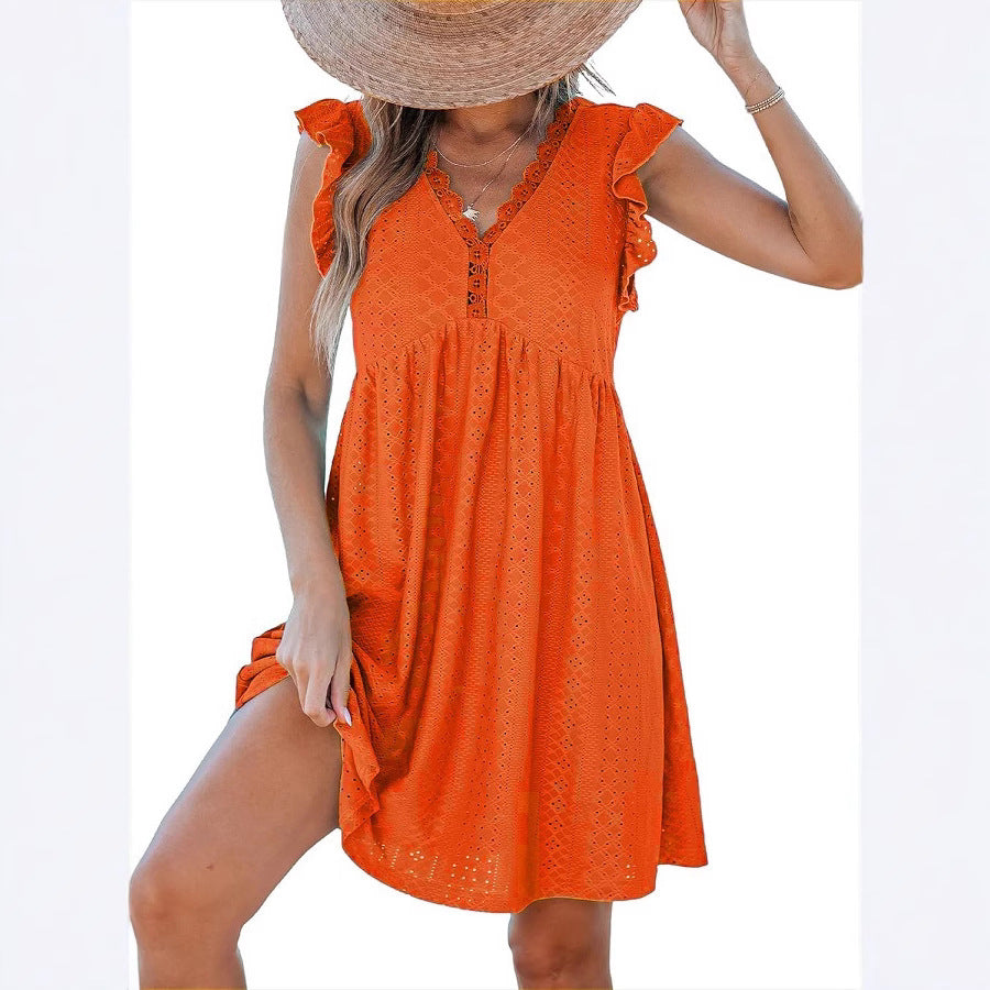 Lace Trim V Neck Eyelet Babydoll Dress for Women