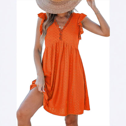 Lace Trim V Neck Eyelet Babydoll Dress for Women