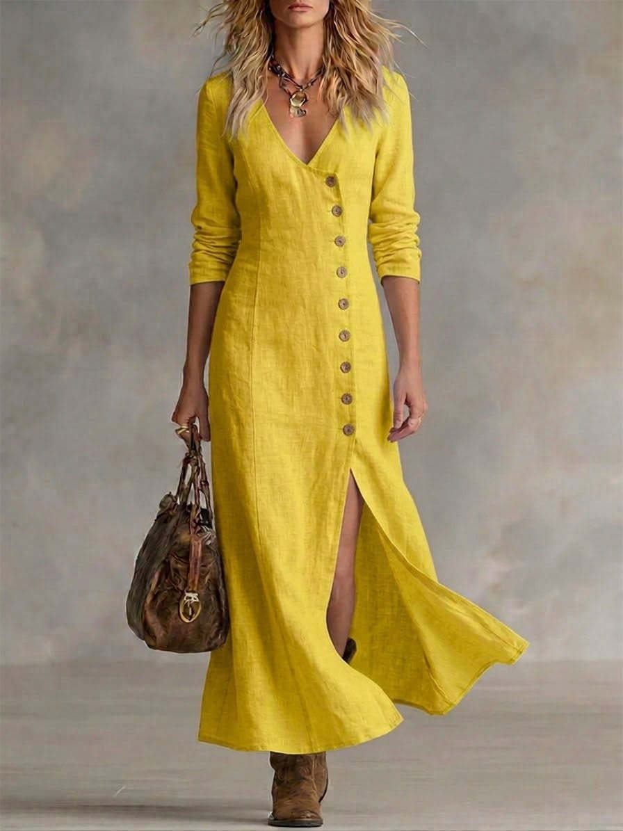 Women's Linen V-Neck Button Front Maxi Dress Slit