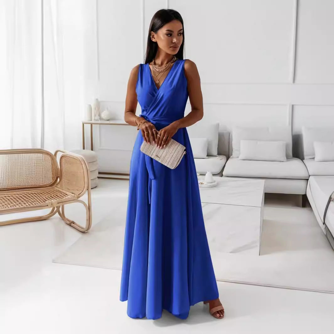 Women's Sleeveless V-Neck Belted A-Line Maxi Dress