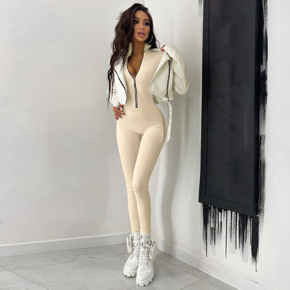 Zip Front Bodycon Jumpsuit Long Sleeve High Waist Yoga