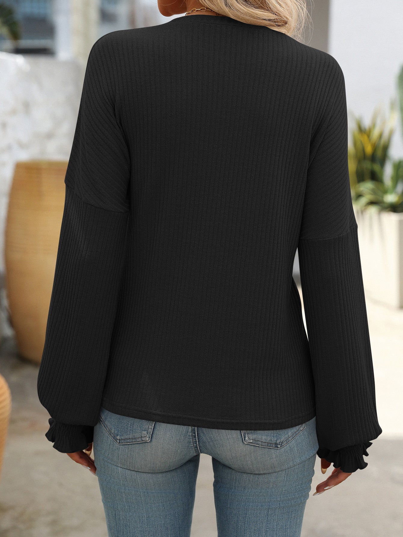 Women’s Ribbed Knit Crewneck Top with Smocked Cuffs