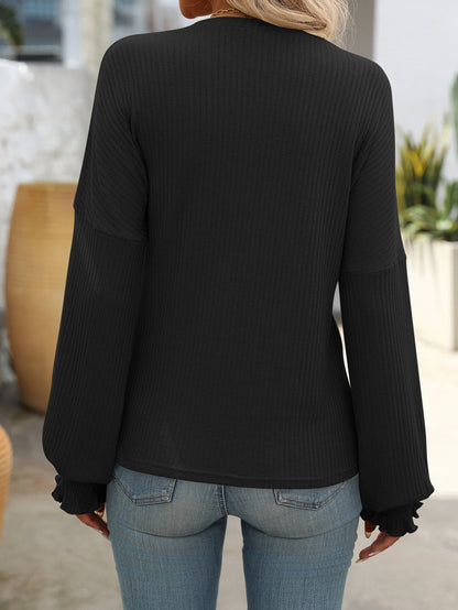 Women’s Ribbed Knit Crewneck Top with Smocked Cuffs