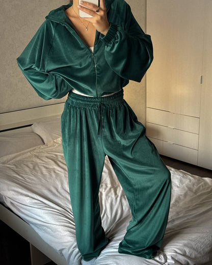 Women's Velvet Zip Up Jacket Wide Leg Pants Matching Set