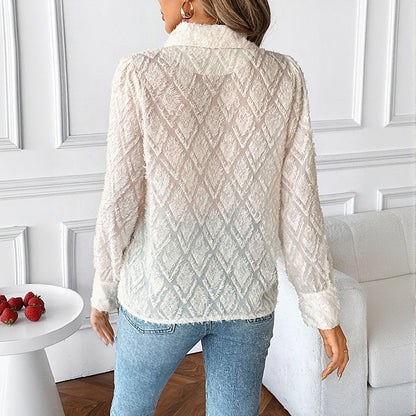 Textured Jacquard Button Down Blouse Elegant Work Shirt