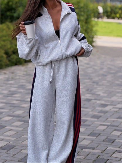 Striped Crop Jacket Wide Leg Pants Two Piece Lounge Set