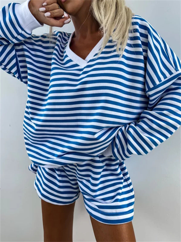 Striped V Neck Shorts Set Resort Lounge Two Piece