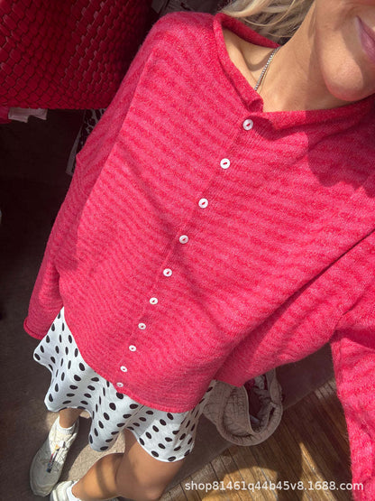 Women's Striped Cardigan Button Front Loose Knit Sweater
