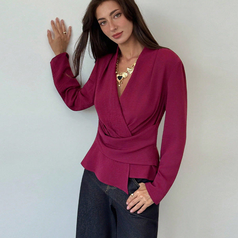 Burgundy V-Neck Ruched Asymmetric Long Sleeve Blouse