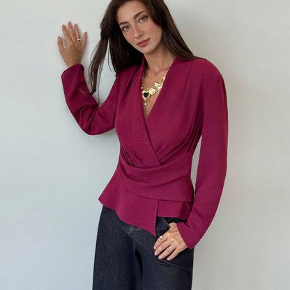 Burgundy V-Neck Ruched Asymmetric Long Sleeve Blouse