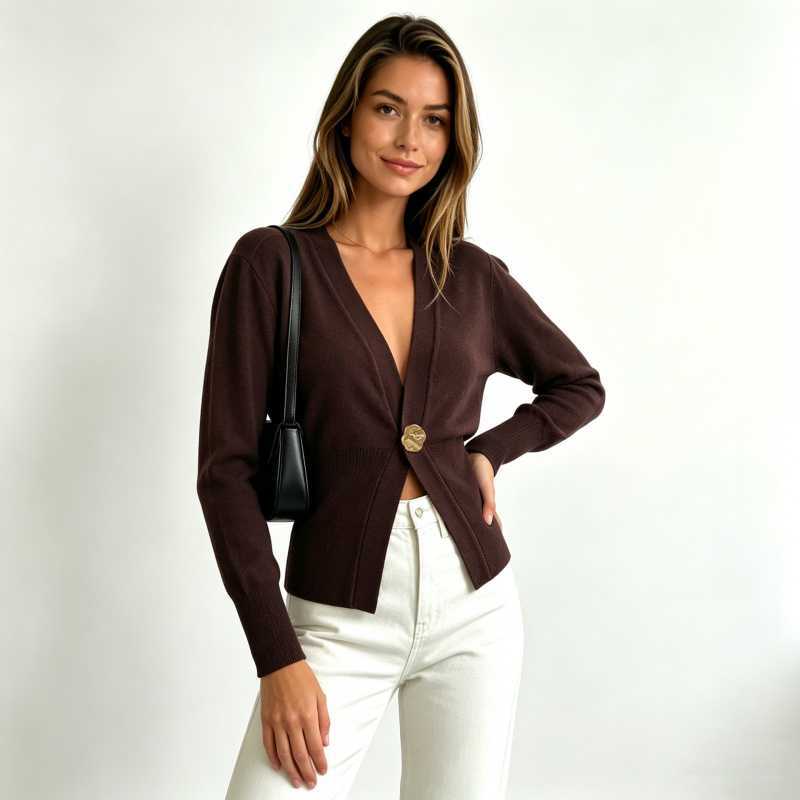 Women's Cropped V-Neck Single Button Fitted Cardigan